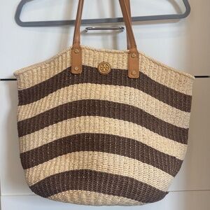 Tory Burch Leather Trim Raffia Tote Bag